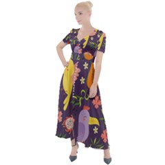 Exotic Seamless Pattern With Parrots Fruits Button Up Short Sleeve Maxi Dress