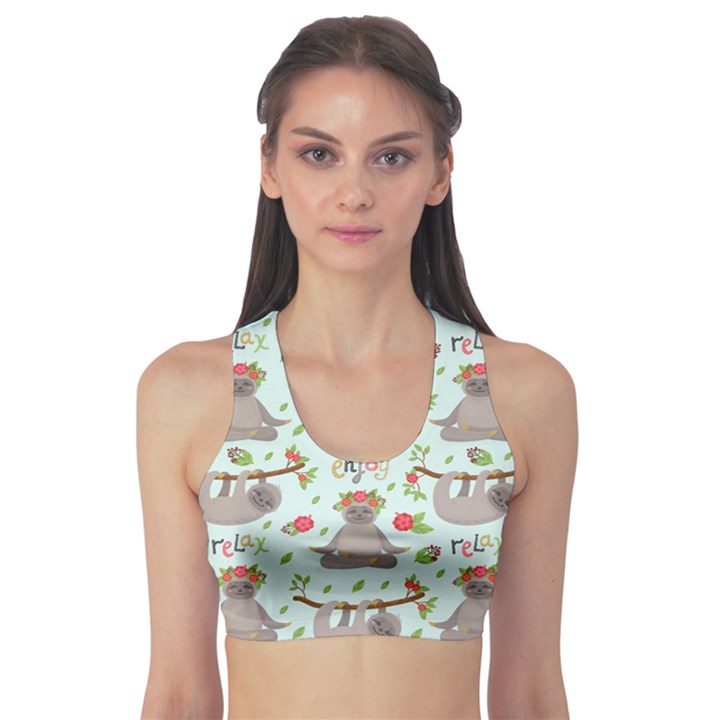 Seamless Pattern With Cute Sloths Relax Enjoy Yoga Sports Bra