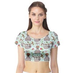 Seamless Pattern With Cute Sloths Relax Enjoy Yoga Short Sleeve Crop Top by Vaneshart