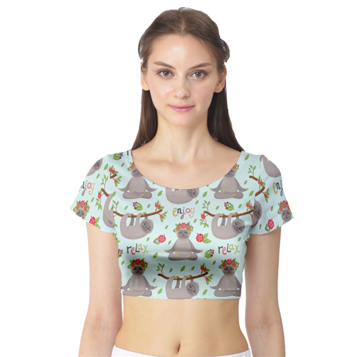 Seamless Pattern With Cute Sloths Relax Enjoy Yoga Short Sleeve Crop Top