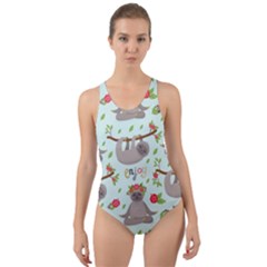 Seamless Pattern With Cute Sloths Relax Enjoy Yoga Cut-out Back One Piece Swimsuit by Vaneshart