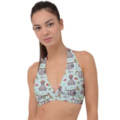 Seamless Pattern With Cute Sloths Relax Enjoy Yoga Halter Plunge Bikini Top by Vaneshart