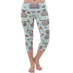 Seamless Pattern With Cute Sloths Relax Enjoy Yoga Capri Yoga Leggings by Vaneshart