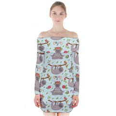 Seamless Pattern With Cute Sloths Relax Enjoy Yoga Long Sleeve Off Shoulder Dress by Vaneshart