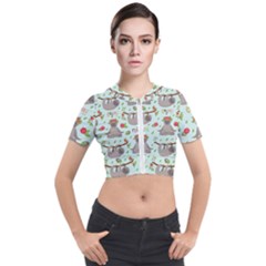 Seamless Pattern With Cute Sloths Relax Enjoy Yoga Short Sleeve Cropped Jacket by Vaneshart