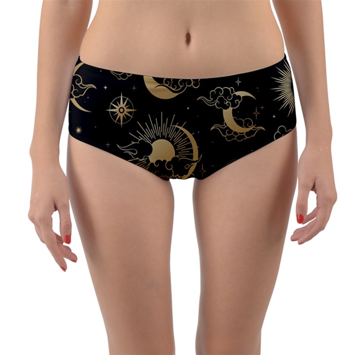 Asian Seamless Pattern With Clouds Moon Sun Stars Vector Collection Oriental Chinese Japanese Korean Reversible Mid-Waist Bikini Bottoms