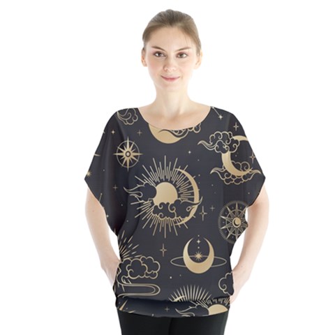 Asian Seamless Pattern With Clouds Moon Sun Stars Vector Collection Oriental Chinese Japanese Korean Batwing Chiffon Blouse by Vaneshart