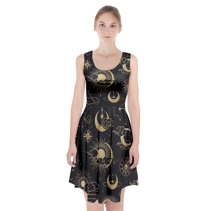 Asian Seamless Pattern With Clouds Moon Sun Stars Vector Collection Oriental Chinese Japanese Korean Racerback Midi Dress