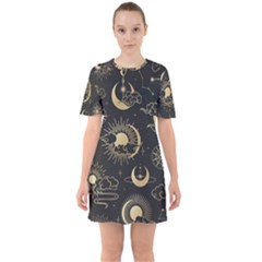 Asian Seamless Pattern With Clouds Moon Sun Stars Vector Collection Oriental Chinese Japanese Korean Sixties Short Sleeve Mini Dress by Vaneshart