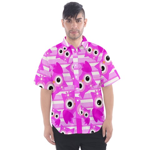 Pink Owl Pattern Background Men s Short Sleeve Shirt by Vaneshart