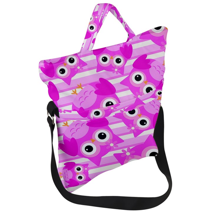 Pink Owl Pattern Background Fold Over Handle Tote Bag