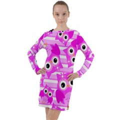 Pink Owl Pattern Background Long Sleeve Hoodie Dress