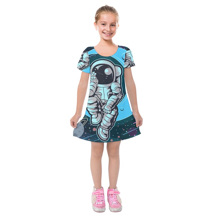 Astronaut Full Color Kids  Short Sleeve Velvet Dress