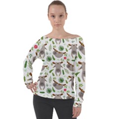 Seamless Pattern With Cute Sloths Off Shoulder Long Sleeve Velour Top