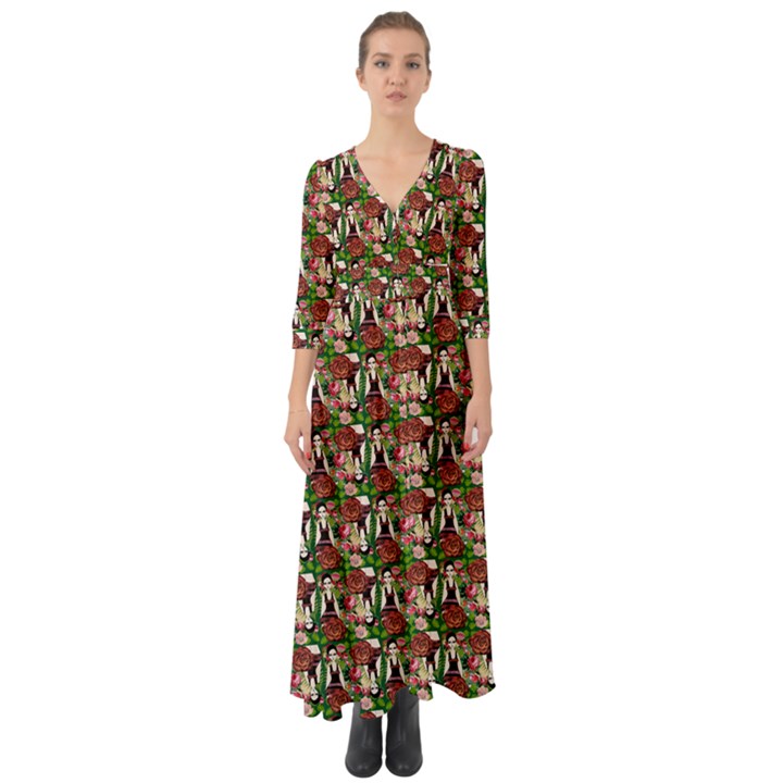 Swimmer 20s Green Button Up Boho Maxi Dress