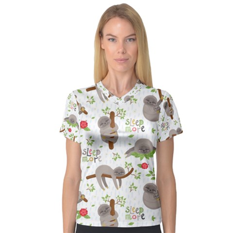 Seamless Pattern With Cute Sloths Sleep More V-neck Sport Mesh Tee by Vaneshart