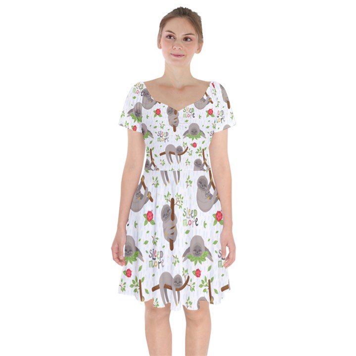 Seamless Pattern With Cute Sloths Sleep More Short Sleeve Bardot Dress