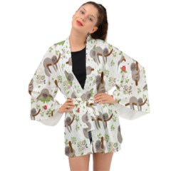 Seamless Pattern With Cute Sloths Sleep More Long Sleeve Kimono by Vaneshart