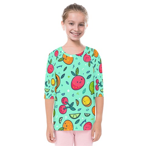 Various Fruits With Faces Seamless Pattern Kids  Quarter Sleeve Raglan Tee by Vaneshart