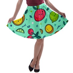 Various Fruits With Faces Seamless Pattern A-line Skater Skirt by Vaneshart