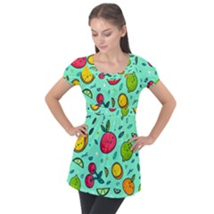 Various Fruits With Faces Seamless Pattern Puff Sleeve Tunic Top by Vaneshart