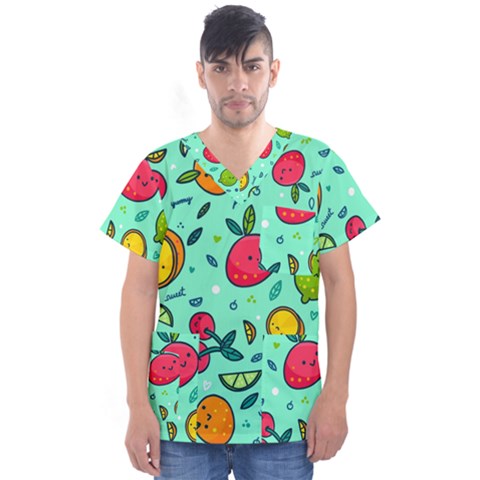 Various Fruits With Faces Seamless Pattern Men s V-neck Scrub Top by Vaneshart