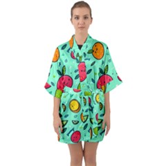 Various Fruits With Faces Seamless Pattern Half Sleeve Satin Kimono 