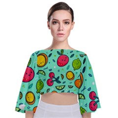 Various Fruits With Faces Seamless Pattern Tie Back Butterfly Sleeve Chiffon Top