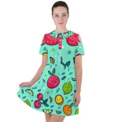 Various Fruits With Faces Seamless Pattern Short Sleeve Shoulder Cut Out Dress  by Vaneshart