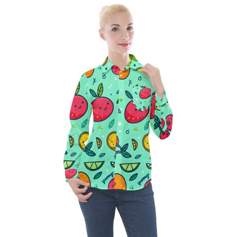 Various Fruits With Faces Seamless Pattern Women s Long Sleeve Pocket Shirt by Vaneshart