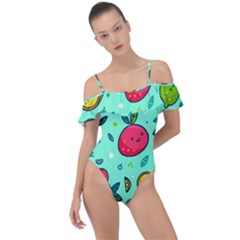 Various Fruits With Faces Seamless Pattern Frill Detail One Piece Swimsuit by Vaneshart