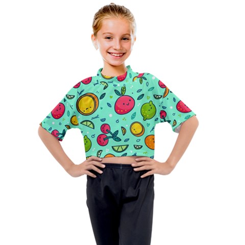 Various Fruits With Faces Seamless Pattern Kids Mock Neck Tee by Vaneshart