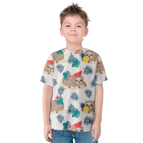 Cute Lazy Sloth Summer Fruit Seamless Pattern Kids  Cotton Tee by Vaneshart