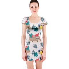 Cute Lazy Sloth Summer Fruit Seamless Pattern Short Sleeve Bodycon Dress