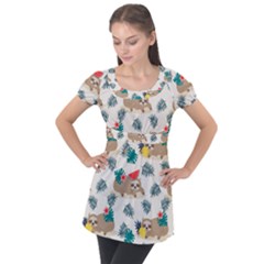 Cute Lazy Sloth Summer Fruit Seamless Pattern Puff Sleeve Tunic Top by Vaneshart