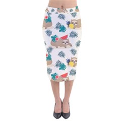 Cute Lazy Sloth Summer Fruit Seamless Pattern Velvet Midi Pencil Skirt by Vaneshart