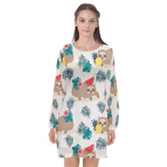 Cute Lazy Sloth Summer Fruit Seamless Pattern Long Sleeve Chiffon Shift Dress 