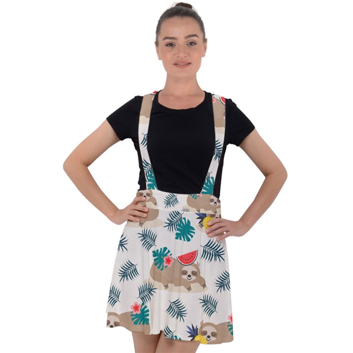 Cute Lazy Sloth Summer Fruit Seamless Pattern Velvet Suspender Skater Skirt