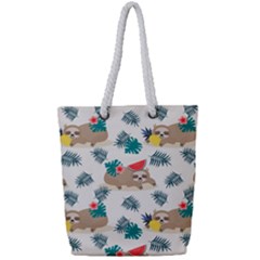 Cute Lazy Sloth Summer Fruit Seamless Pattern Full Print Rope Handle Tote (small) by Vaneshart