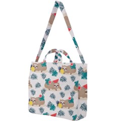 Cute Lazy Sloth Summer Fruit Seamless Pattern Square Shoulder Tote Bag by Vaneshart