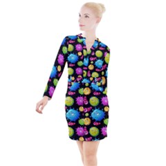 Seamless Background With Colorful Virus Button Long Sleeve Dress by Vaneshart