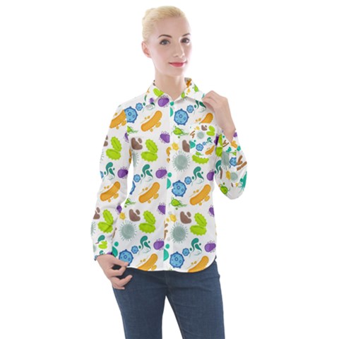 Bacteria Virus Seamless Pattern Women s Long Sleeve Pocket Shirt by Vaneshart