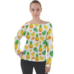 Tropical Fruits Pattern Off Shoulder Long Sleeve Velour Top