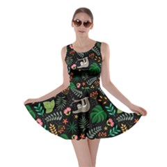 Floral Pattern With Plants Sloth Flowers Black Backdrop Skater Dress by Vaneshart