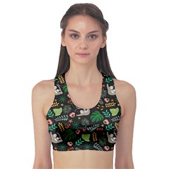 Floral Pattern With Plants Sloth Flowers Black Backdrop Sports Bra by Vaneshart