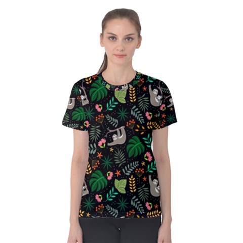 Floral Pattern With Plants Sloth Flowers Black Backdrop Women s Cotton Tee by Vaneshart