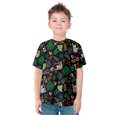 Floral Pattern With Plants Sloth Flowers Black Backdrop Kids  Cotton Tee by Vaneshart