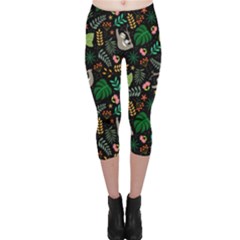 Floral Pattern With Plants Sloth Flowers Black Backdrop Capri Leggings  by Vaneshart