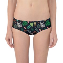 Floral Pattern With Plants Sloth Flowers Black Backdrop Classic Bikini Bottoms by Vaneshart