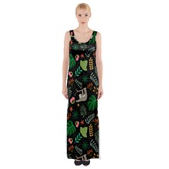 Floral Pattern With Plants Sloth Flowers Black Backdrop Thigh Split Maxi Dress by Vaneshart